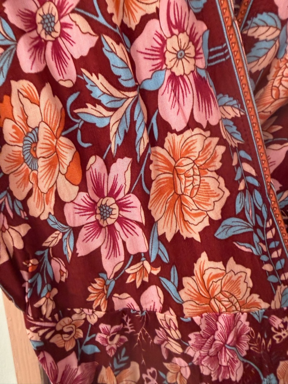 Women's Burgundy Floral Wrap Maxi Dress with Pink Accents - Picture 4 of 5